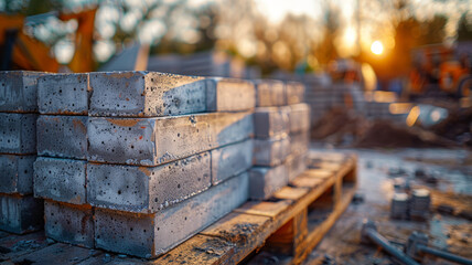 Stacked bricks on a pallet at a construction site during sunrise.