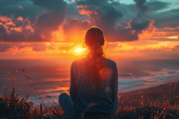 A woman sits peacefully, facing an orange sunset over the ocean, evoking feelings of tranquility and wonder, with scattered clouds adding depth to the vibrant sky.