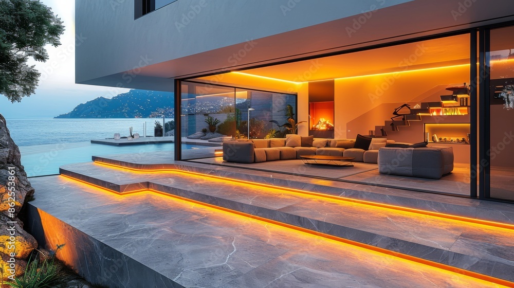 Poster the mesmerizing allure of a modern basement illuminated by led strips, offering a serene and invitin