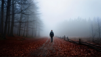 Obraz premium A Solitary Figure Walks Through The Mist of An Autumn Forest. 