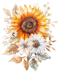 Watercolor Illustration of Sunflower with White and Beige Flowers
