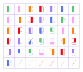 Decorative abstract geometric alphabet and numbers set. Colorful tech futuristic line font, Latin uppercase letters design