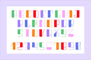 Decorative abstract geometric alphabet and numbers set. Colorful tech futuristic line font, Latin uppercase letters design