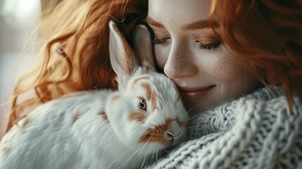 Obraz na płótnie Canvas Woman with Rabbit Having Tender Moment at Home