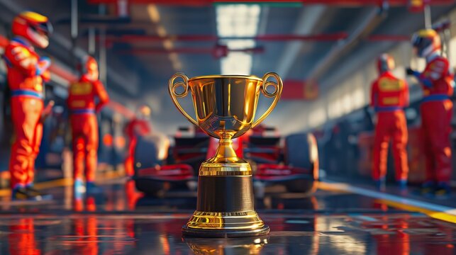golden award cup with pit crew and formula 1 bolide on background