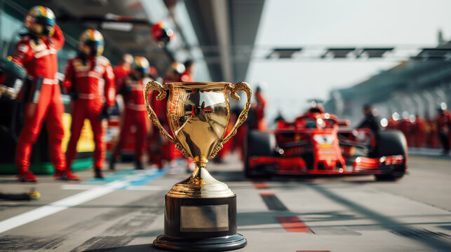 golden award cup with pit crew and formula 1 bolide on background