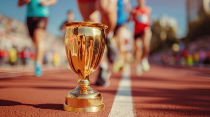 golden award cup with marathon runners background