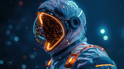 Portrait of an astronaut in an advanced, bio-mechanical suit, helmet adorned with bio-luminescent patterns