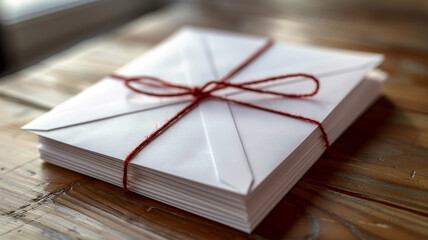 Stack of envelopes tied with red string on a wooden table.