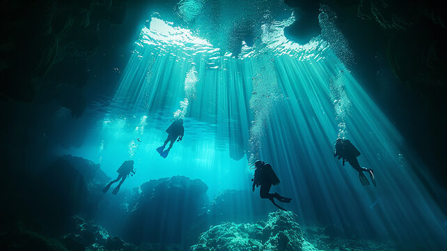 a group of divers, underwater view, diving into the depths of the cave in the rays of light, diving training at sea