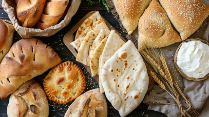 Freshly made pita bread and other baked goods from a bakery menu, displayed from above.