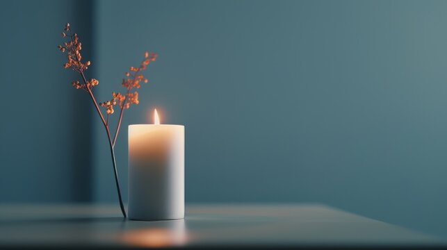 Create a serene still life with negative space, featuring a single lit candle in an otherwise dark room.