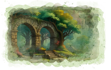 fantasy landscape with a stone archway surrounded by lush 