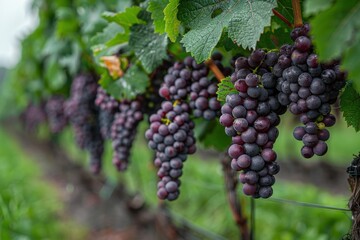 Fototapeta premium A lush vineyard with bunches of grapes hanging from the vines, ready to be harvested.