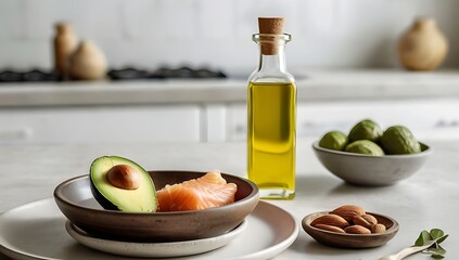 Healthy good fat for healthy eating, Avocado - Olive Oil and Nuts  - Monounsaturated and polyunsaturated fats, including omega-3 and omega-6 fatty acids
