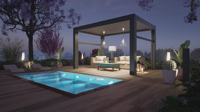 3D render of luxury outdoor garden with teak wooden deck and black pergola at dawn. Twilight scene with sofas and deck chairs next to the swimming pool. Side view zoom in  shot.