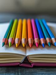 Fototapeta premium Open notebook with colorful colored pencils neatly arranged.