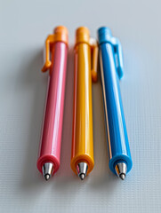 Three colorful pens in pink, yellow, and blue on a white surface.