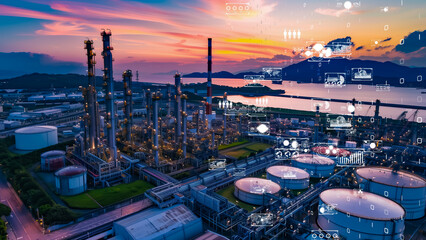 Modern petrochemical plant with digital technology overlays, industry 4.0 concept.