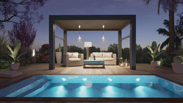 3D render of luxury front view outdoor garden with teak wooden deck and black pergola at dawn. Twilight scene with sofas and deck chairs next to the swimming pool. Frontal Zoom in shot.