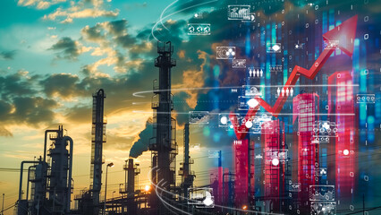 Modern petrochemical plant with digital technology overlays, industry 4.0 concept.