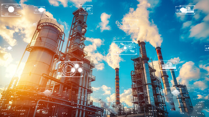 Modern petrochemical plant with digital technology overlays, industry 4.0 concept.