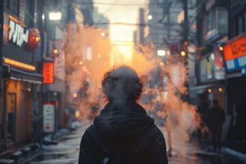 Naklejka premium A person with a backpack stands in a misty urban alley, surrounded by neon signs, as the sun sets in the background, creating a contrast of light and shadows.