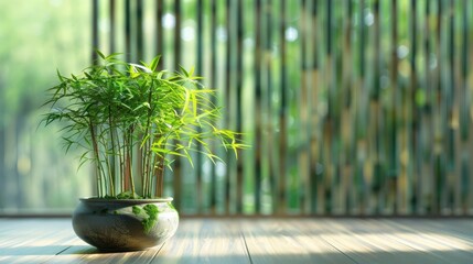 Bamboo and bonsai in natural colors Flat design with a serene composition The scene highlights the elegance of the bonsai and bamboo together Soft