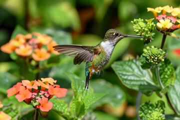 Fototapeta premium Hummingbird hovering near a flower, feeding on nectar