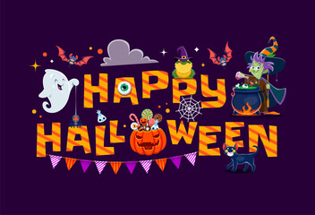 Happy Halloween banner. Cartoon witch, kawaii ghost and sweets bucket. October party or autumn holiday festive vector horizontal banner, fall season horror poster Halloween monsters cute characters