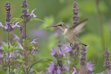 Fototapeta premium Hummingbird hovering near a flower, feeding on nectar