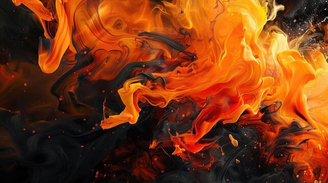 Energetic flow of fiery orange and yellow, intense and vibrant colors, dark background, midshot