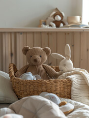 Teddy bear and rabbit stuffed animals in a basket in a cozy nursery.