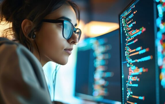 Focused Female Programmer Working Late Night