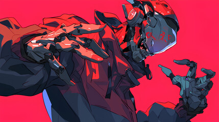 robot cyborg mask wearing jacket, anime style