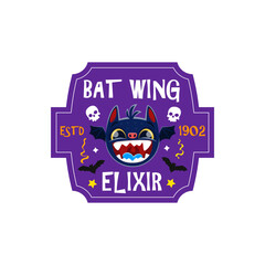 Halloween potion label with cute bat character. Helloween season celebration drink sticker, Autumn horror party brewery holiday brew beer or beverage vector label with funny bat monster personage face