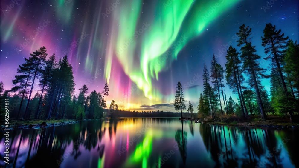 Canvas Prints Beautiful aurora seen from the forest, aurora, forest, nature, scenery, night sky, greenery, vibrant colors