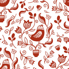 Ukrainian traditional ethnic national pattern, in which the central place is occupied by a bird surrounded by flowers. Bird with plant, flowers in cup with ethnic elements, red and white
