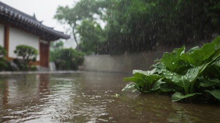 Fototapeta premium Tranquil Rainy Garden Scene