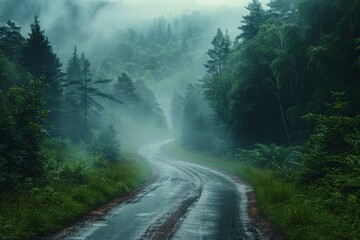 A curving road meanders through a verdant forest shrouded in mist, offering a serene and mysterious passage through lush greenery that evokes a sense of peaceful journey.