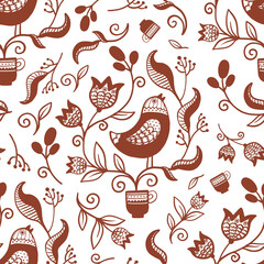 Ukrainian traditional ethnic national pattern, in which the central place is occupied by a bird surrounded by flowers. Bird with plant, flowers in cup with ethnic elements, red and white