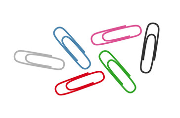 Vector paper clips. Colorful metal paper clips in oval shape isolated on white background. Stationery element for attached documents. Paperclips in flat style. Colored vector illustration