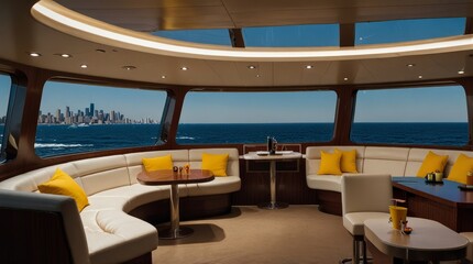 Fototapeta premium Luxury Yacht Interior with City View