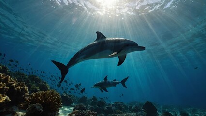 Fototapeta premium Dolphins Swimming in Sunlit Ocean