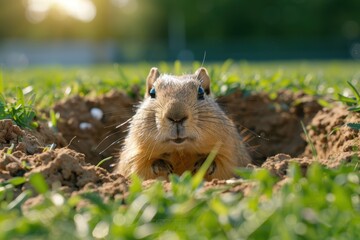 On an amateur football pitch, a tiny wild gopher has excavated a hole and is exploring.