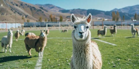 Fototapeta premium Llamas on a football field