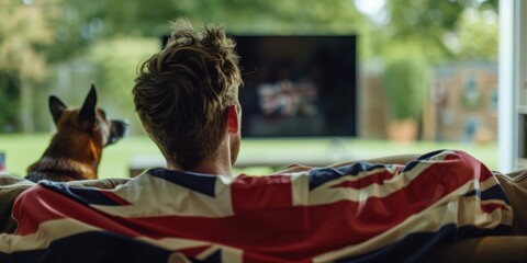 football enthusiast relaxing with a dog on a sofa. British flag dude shirt. guy in tears while watching football on TV