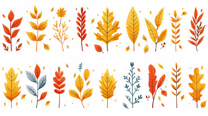 A selection of different red and yellow leaves on a white background, the concept of autumn foliage