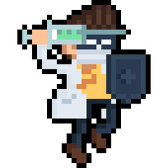 Pixel art cartoon doctor character fighting by syringe and shield 