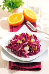 Red cabbage salad with walnuts.